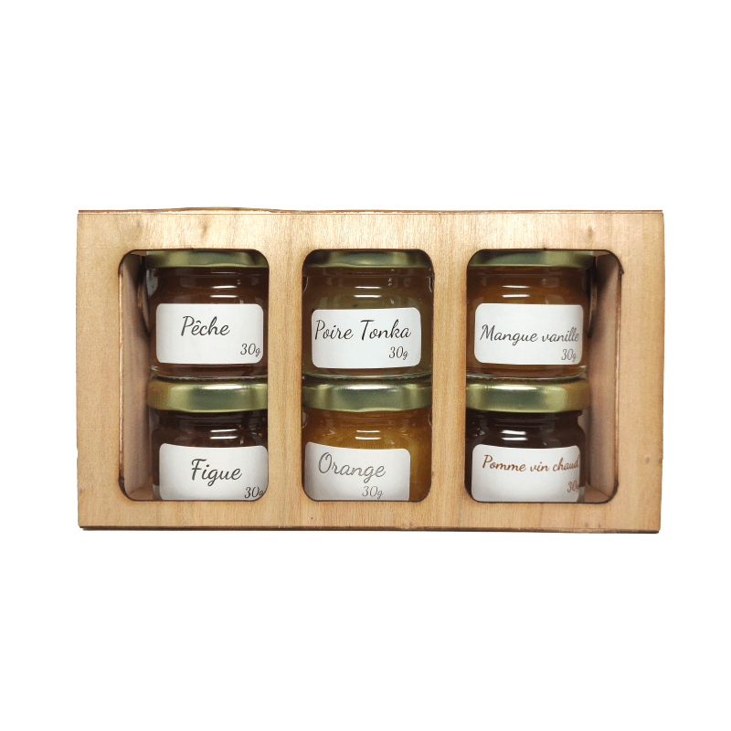 Mini coffret : 6 pots de 30 g dans une caisse en bois gravée