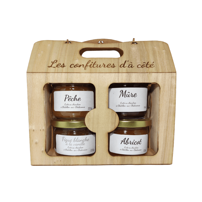 Petit coffret : 4 pots de 120 g dans une caisse en bois gravée