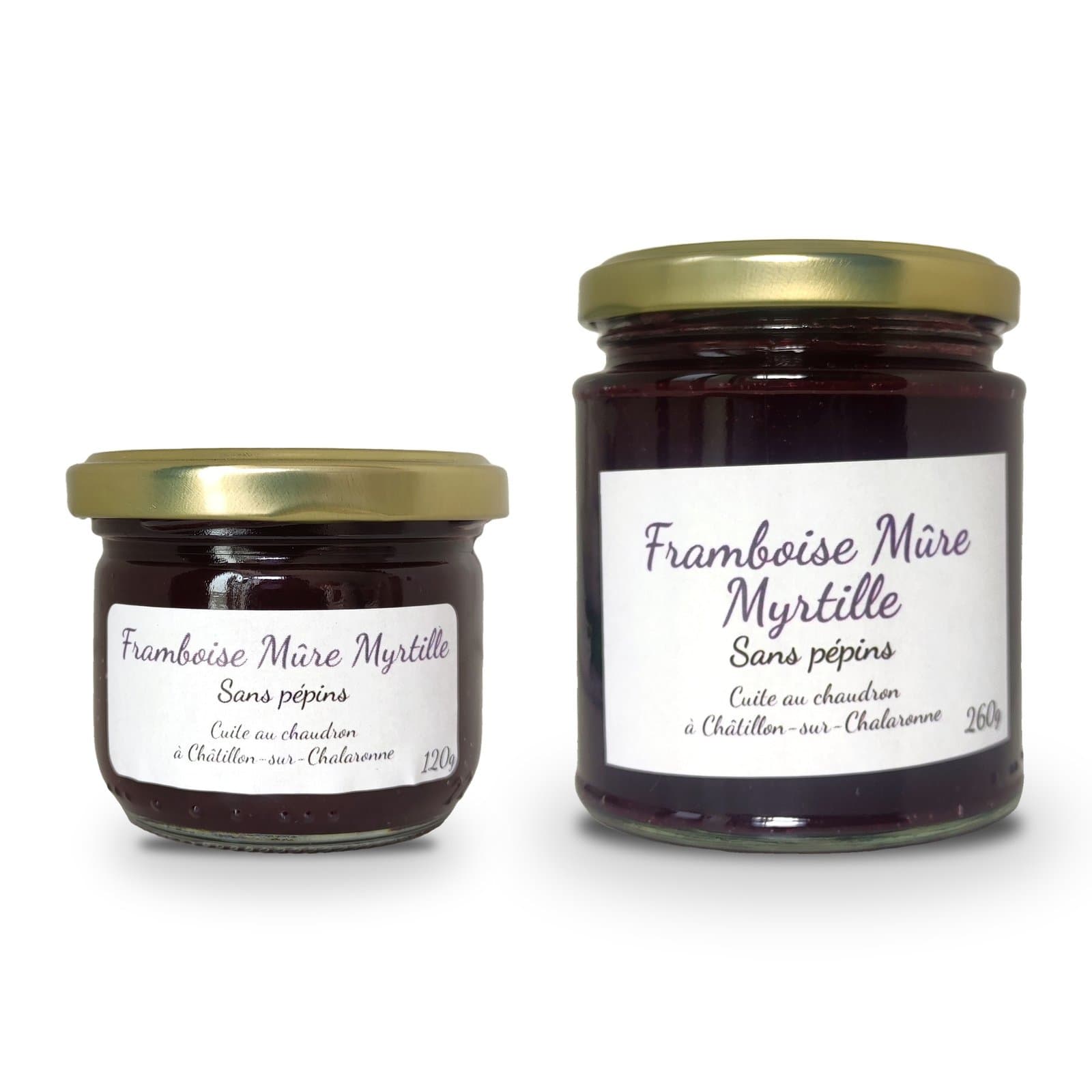 Pots de tartinade Framboise Mûre Myrtille, formats 120 g et 260 g