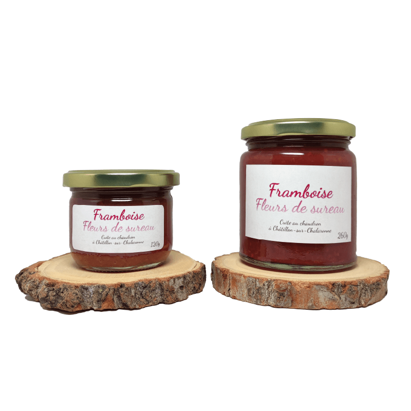 Pots de tartinade Framboise fleurs de sureau, formats 120 g et 260 g