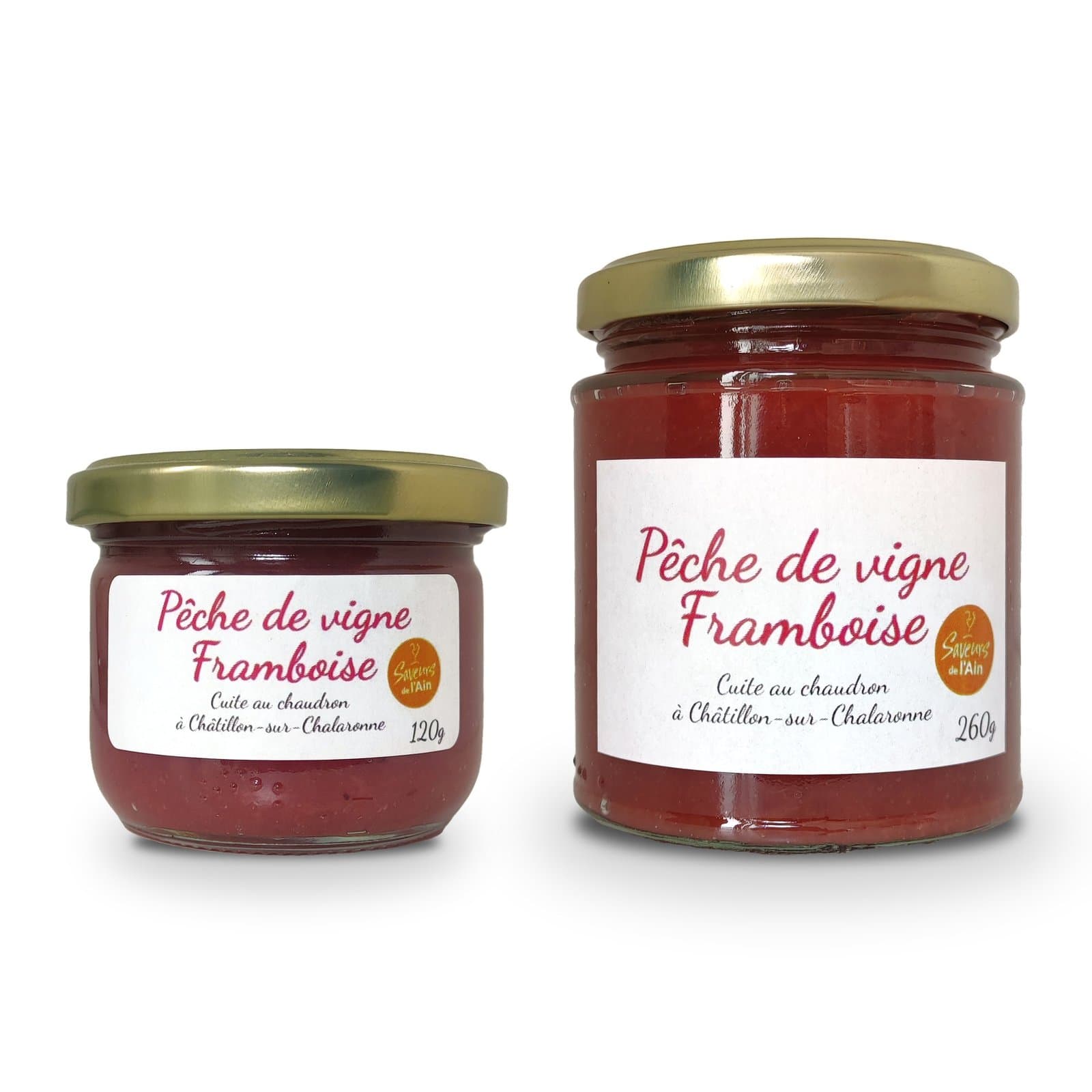 Pots de tartinade Pêche de vigne Framboise, formats 120 g et 260 g